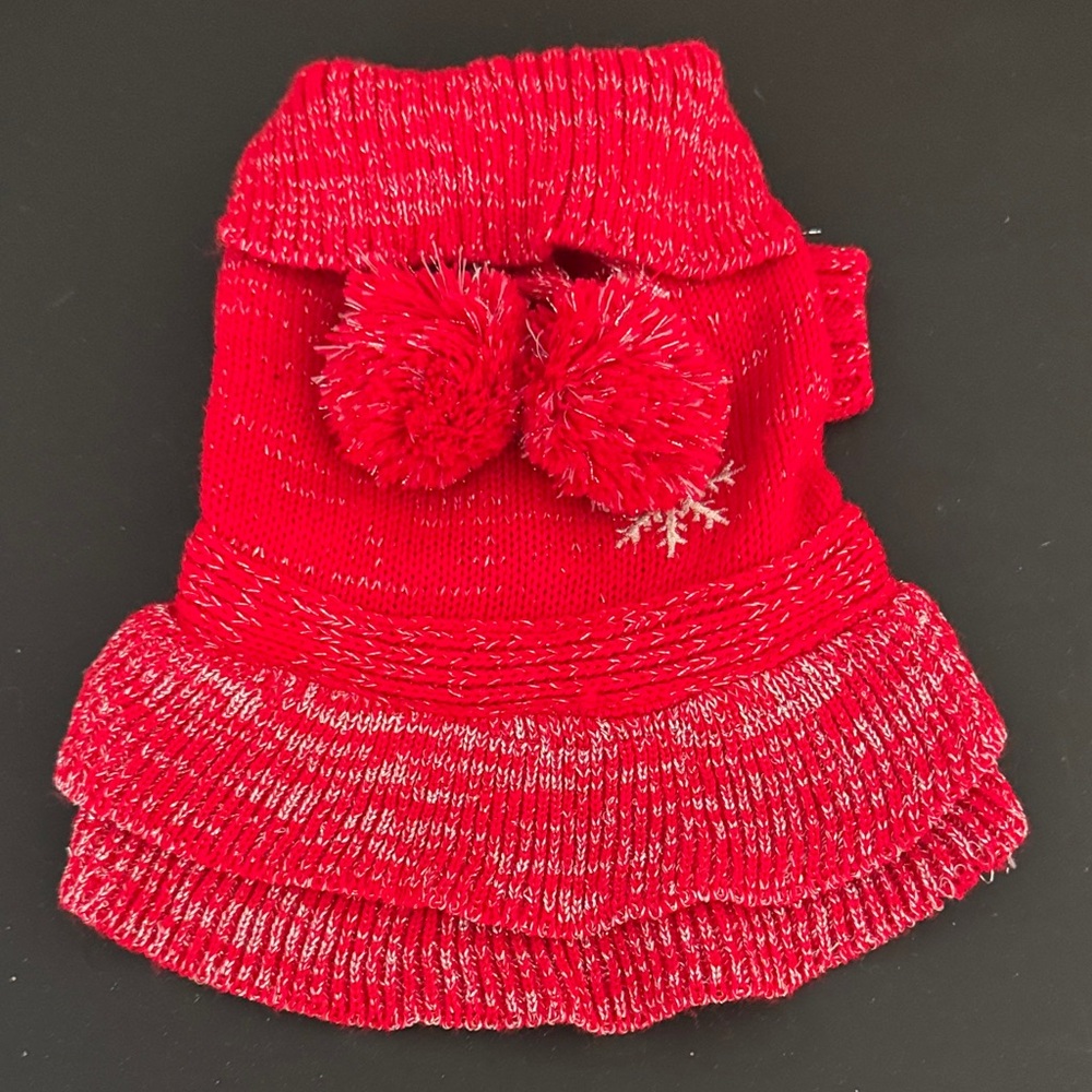 Red Knit Pom-Pom Dog Sweater Dress